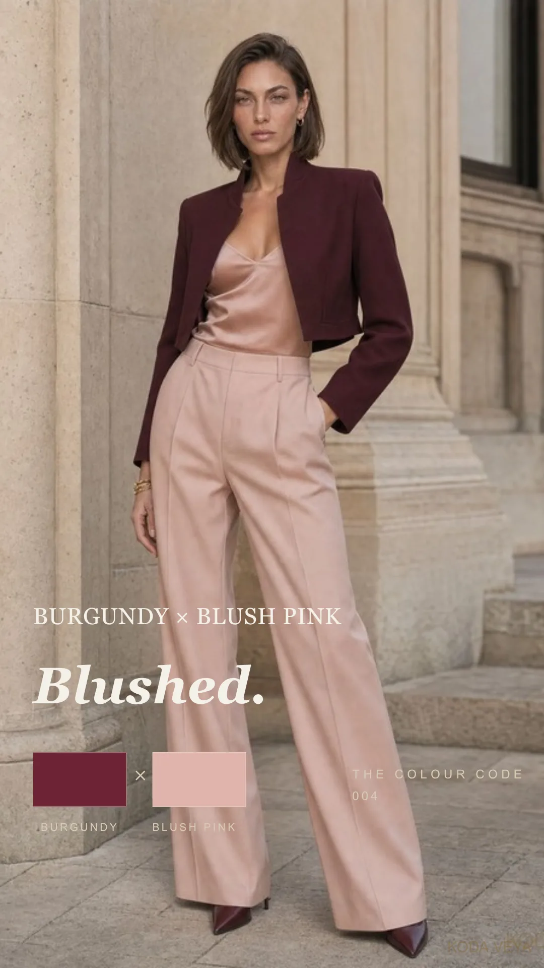 Koda in a burgundy suit over a blush pink top, a burgundy and pink outfit from The Colour Code 004