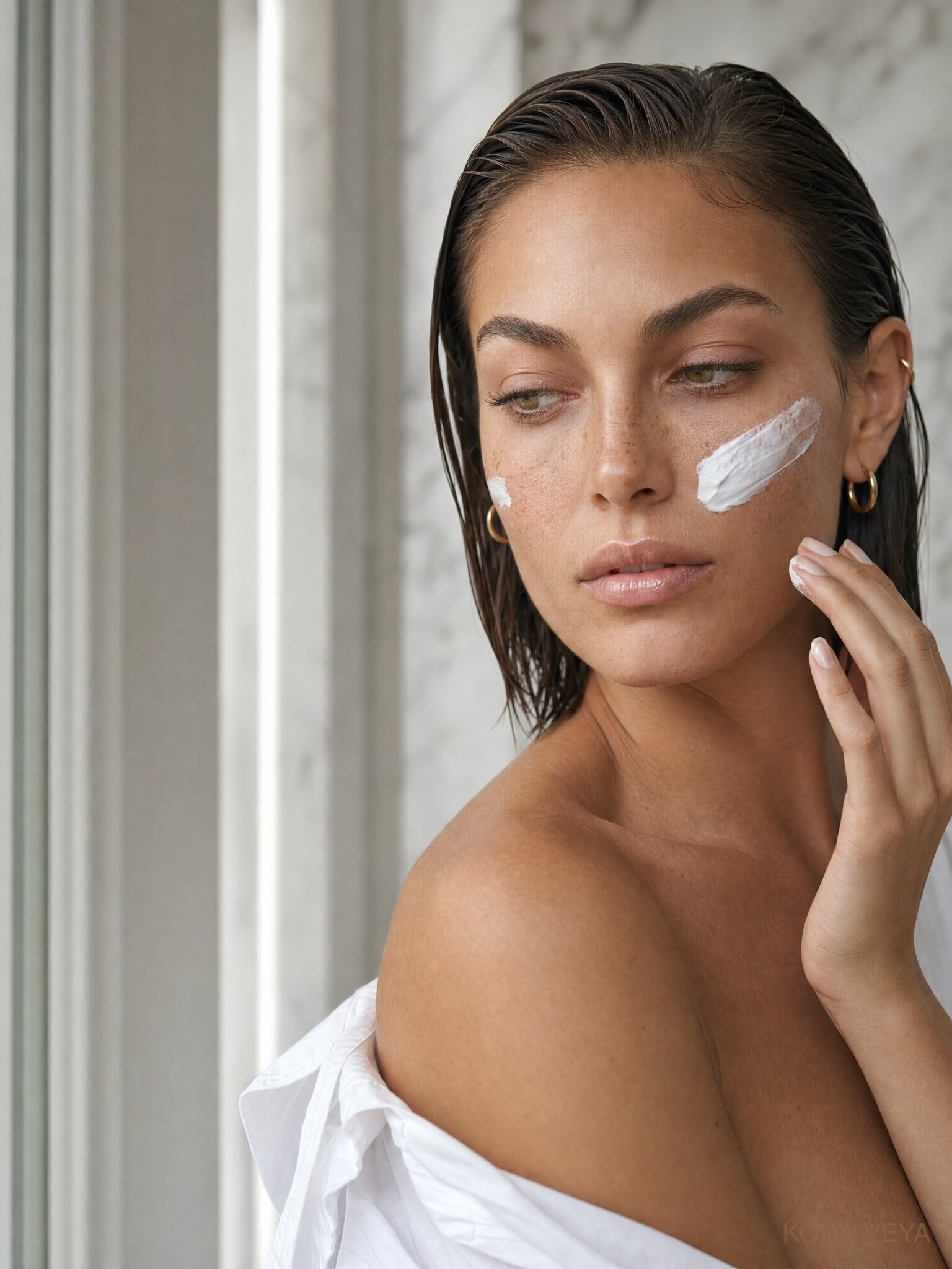 Applying moisturiser, natural light