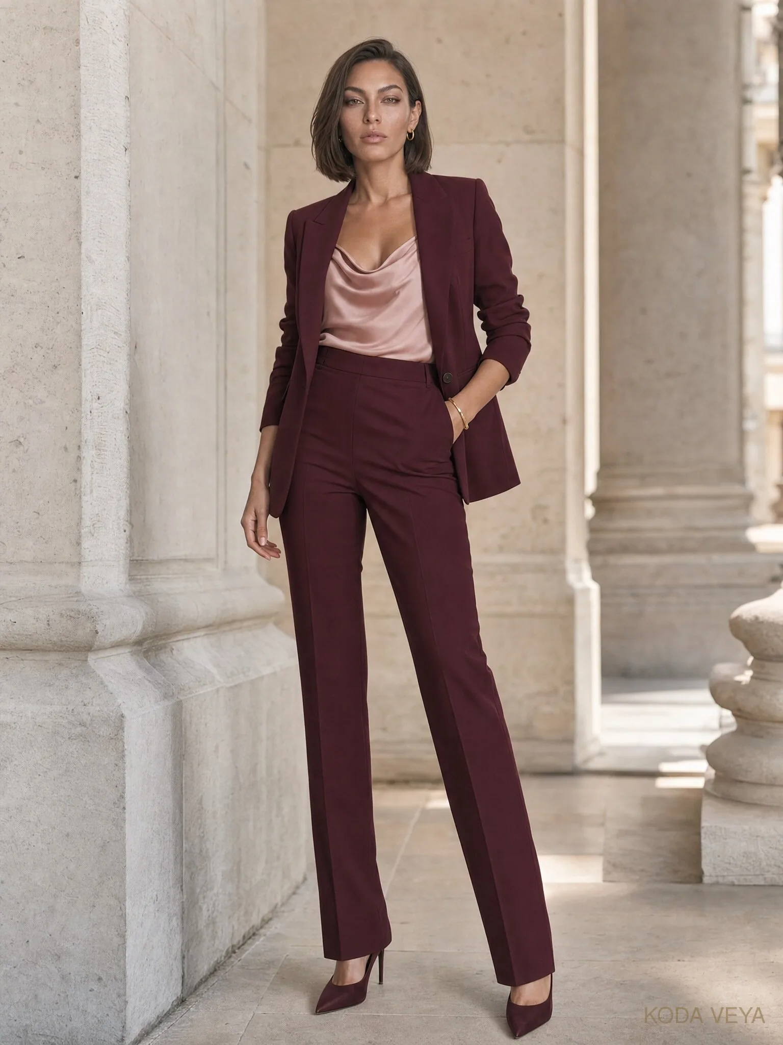 Burgundy suit with a blush cowl top, the tailored version