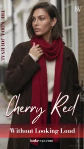 Koda on a London street in a long chocolate coat, wrapped in a cherry-red knit scarf, with the words Cherry Red Without Looking Loud