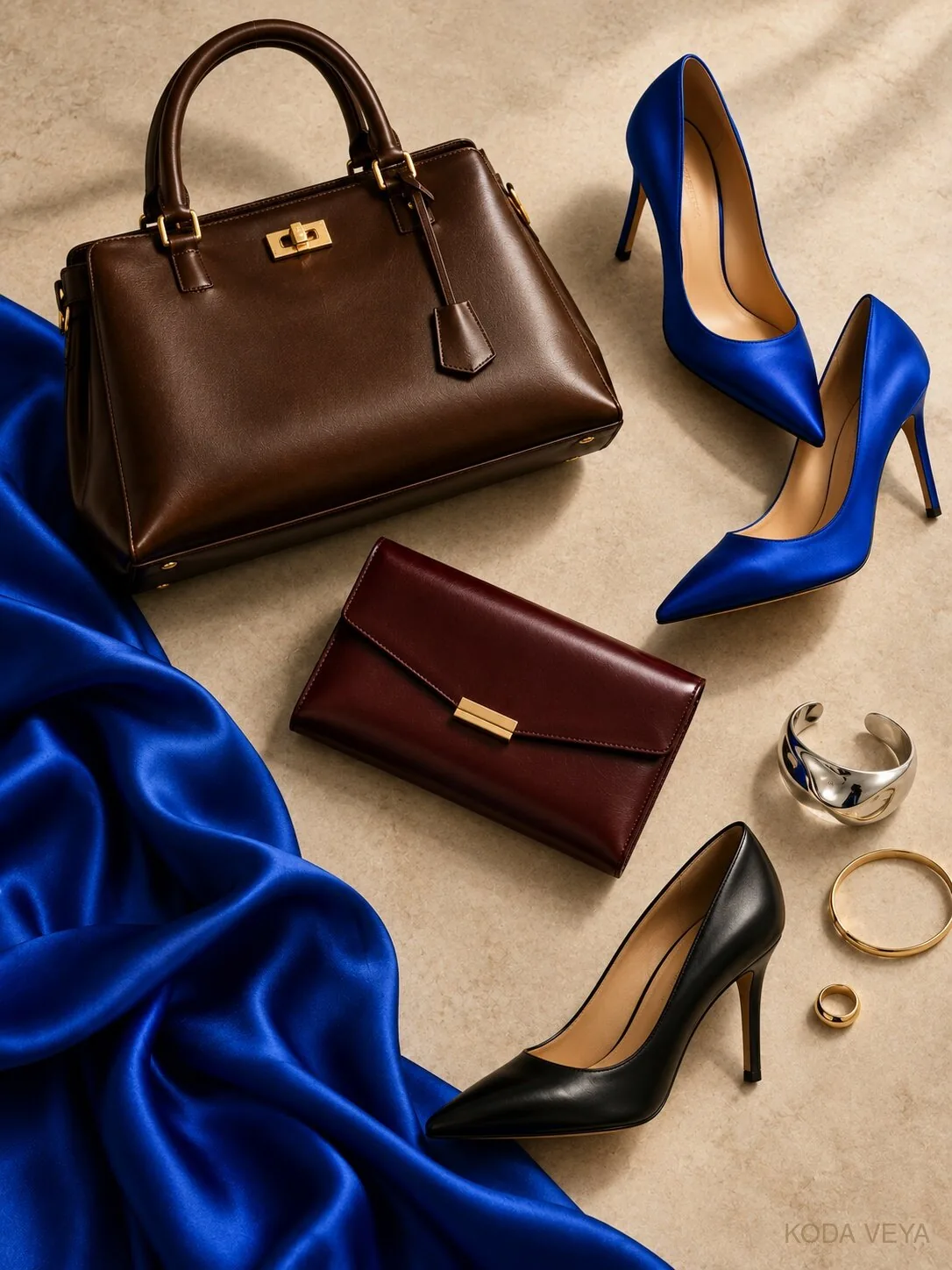 Chocolate and cobalt shoes, bags and accessories flat lay
