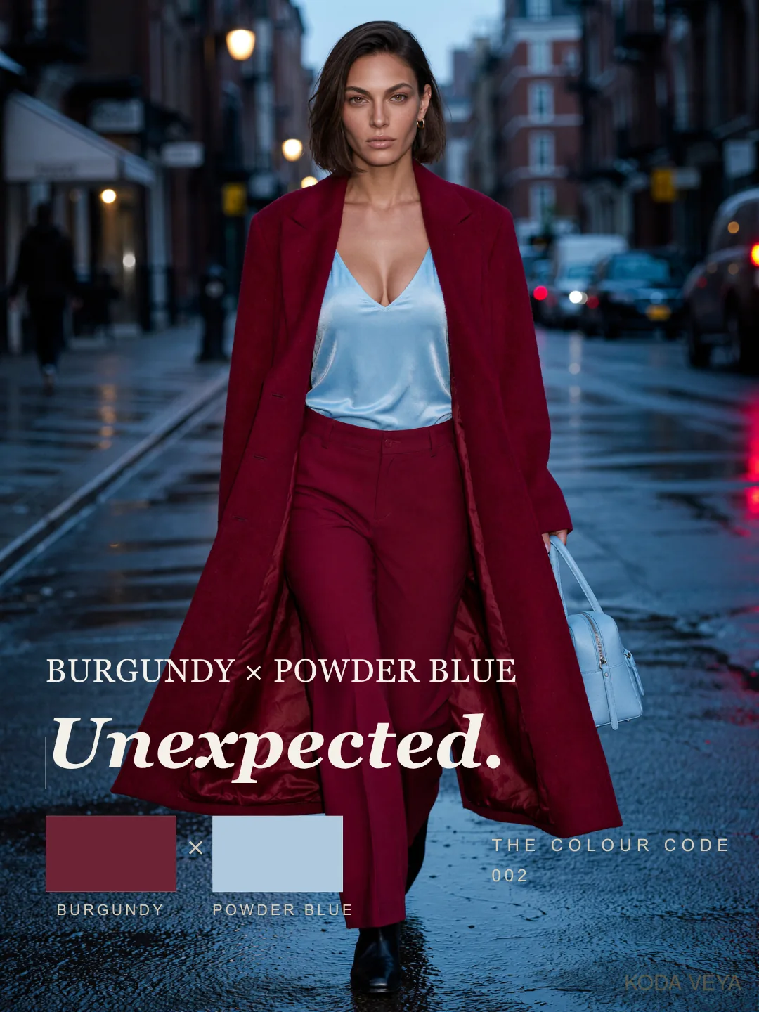 The Colour Code 002 — Burgundy × Powder Blue — Unexpected