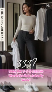 Koda in a cream knit and charcoal tailored trousers by an open wardrobe with a white shirt, grey jumper and three pairs of shoes, with the words Does the 3-3-3 Capsule Wardrobe Rule Actually Work?
