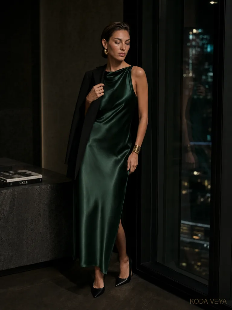 The Colour Code 005 — Emerald × Black — 04 Night, liquid emerald satin dress against black architecture