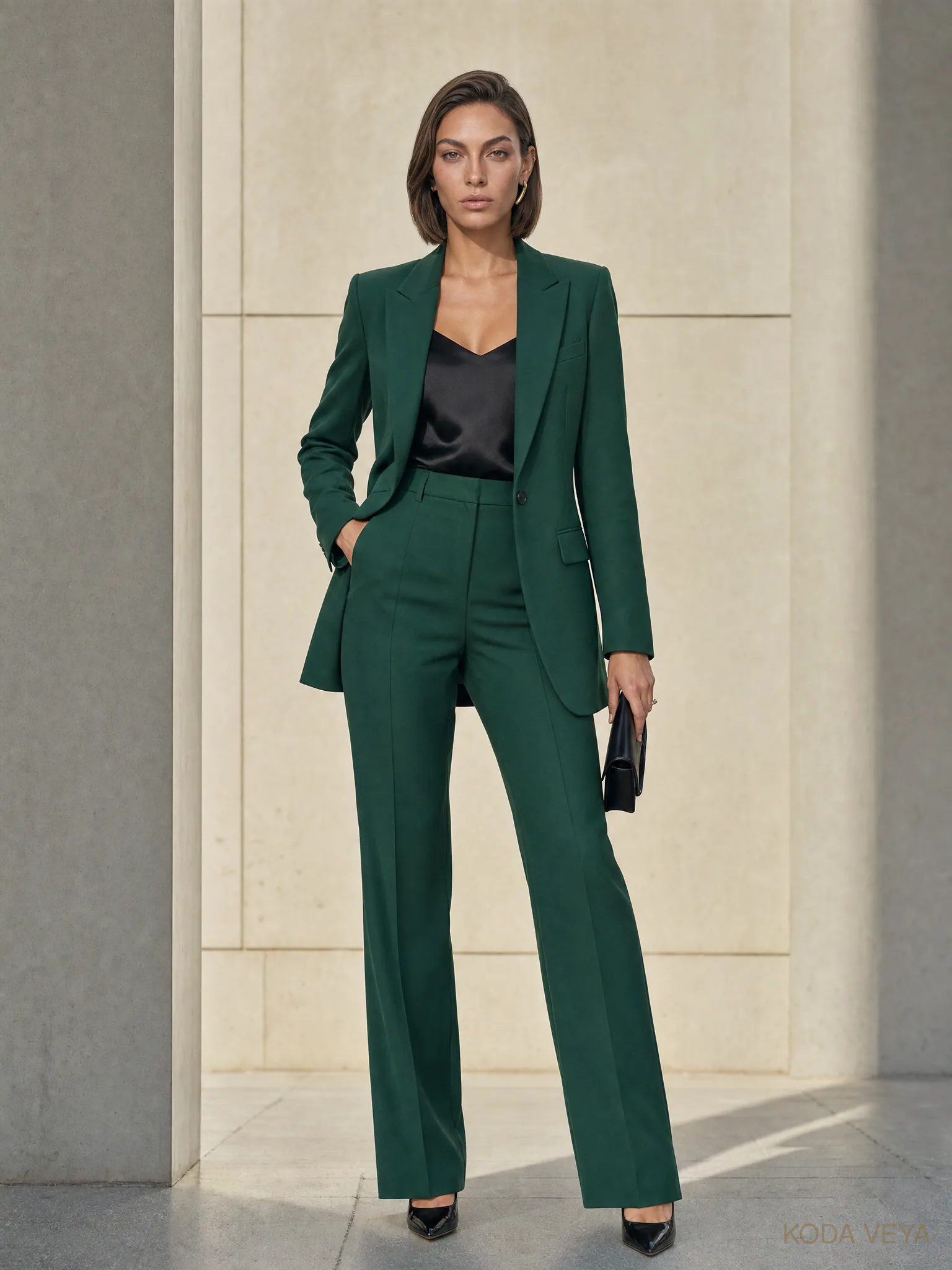 The Colour Code 005 — Emerald × Black — 02 Colour, a full emerald trouser suit with black underlayer