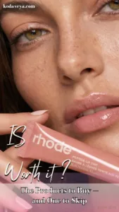 A close-up of Koda with glossy lips holding a pink Rhode Peptide Lip Tint, with the words Is Rhode Worth It? The Products to Buy and One to Skip