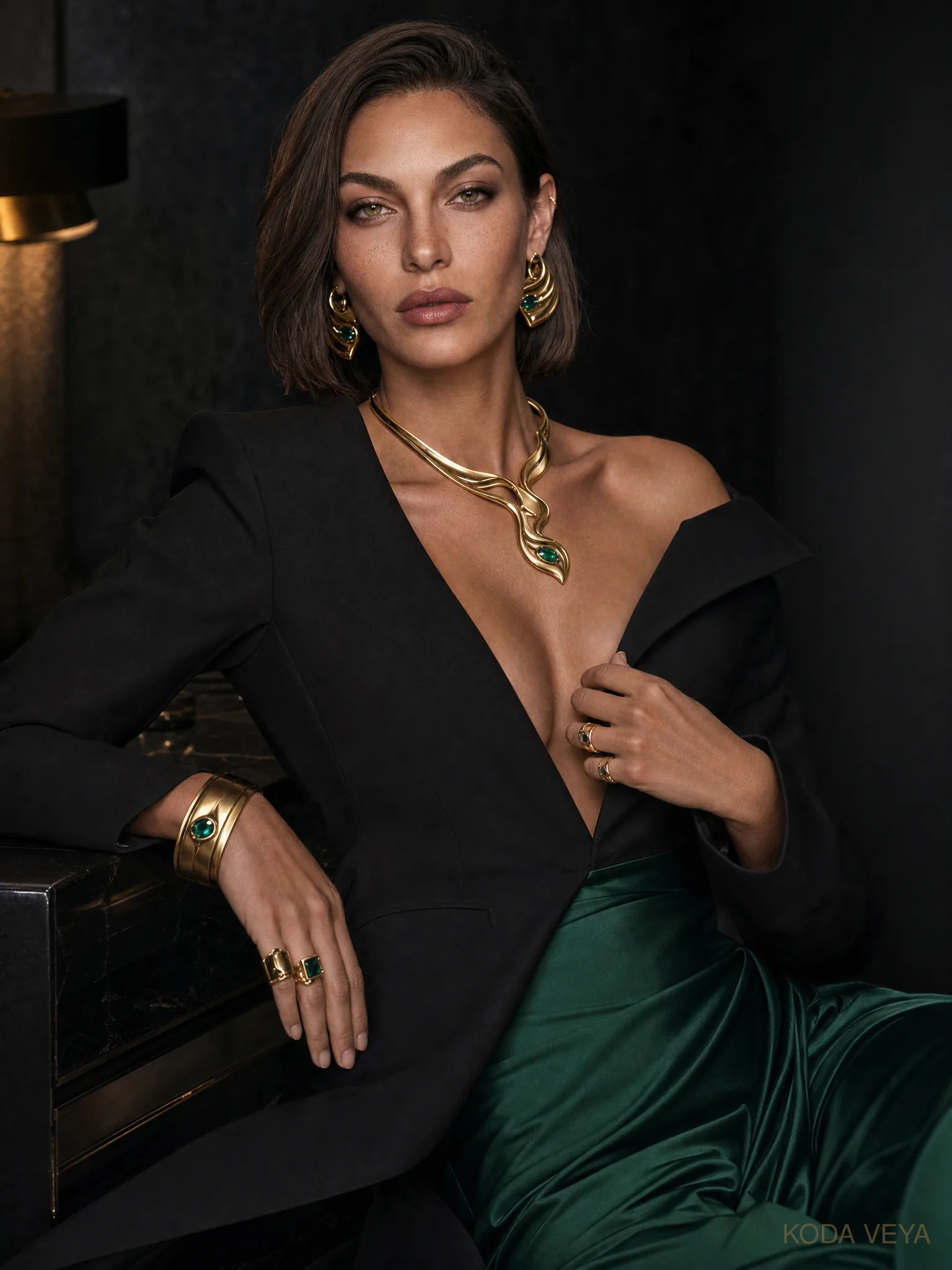 The Colour Code 005 — Emerald × Black — 03 After Dark, black tailoring with emerald satin and jewellery