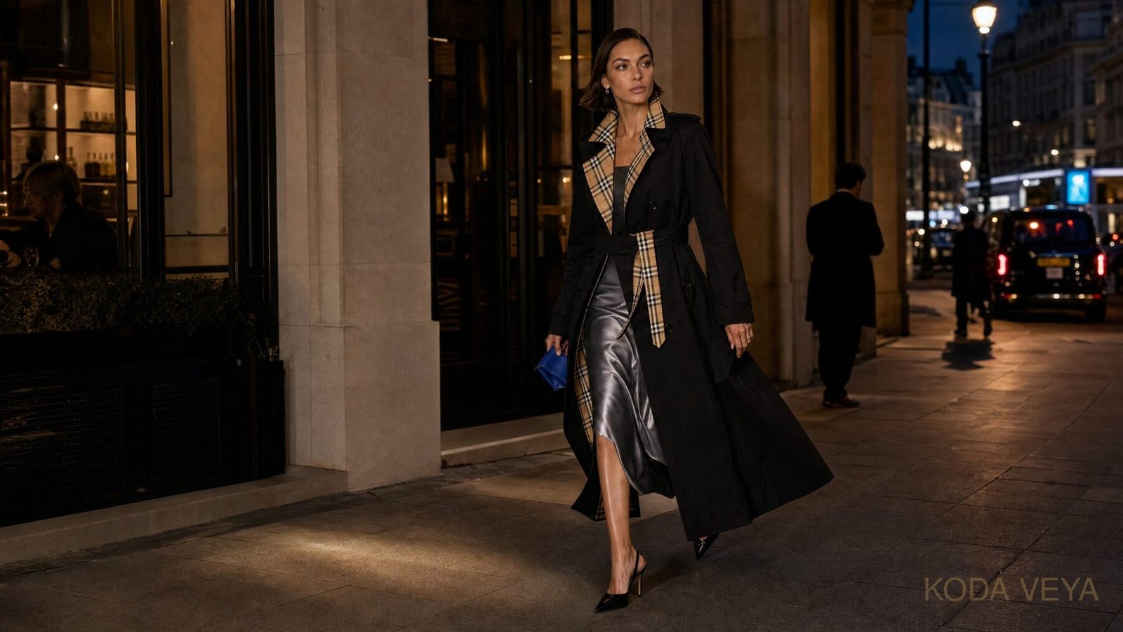 Black trench coat with Burberry-check lining worn over a silver slip dress at night in London
