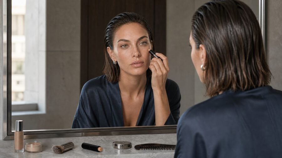 KODA applying cream blush at her vanity in soft morning light, mid-routine, natural unfinished makeup