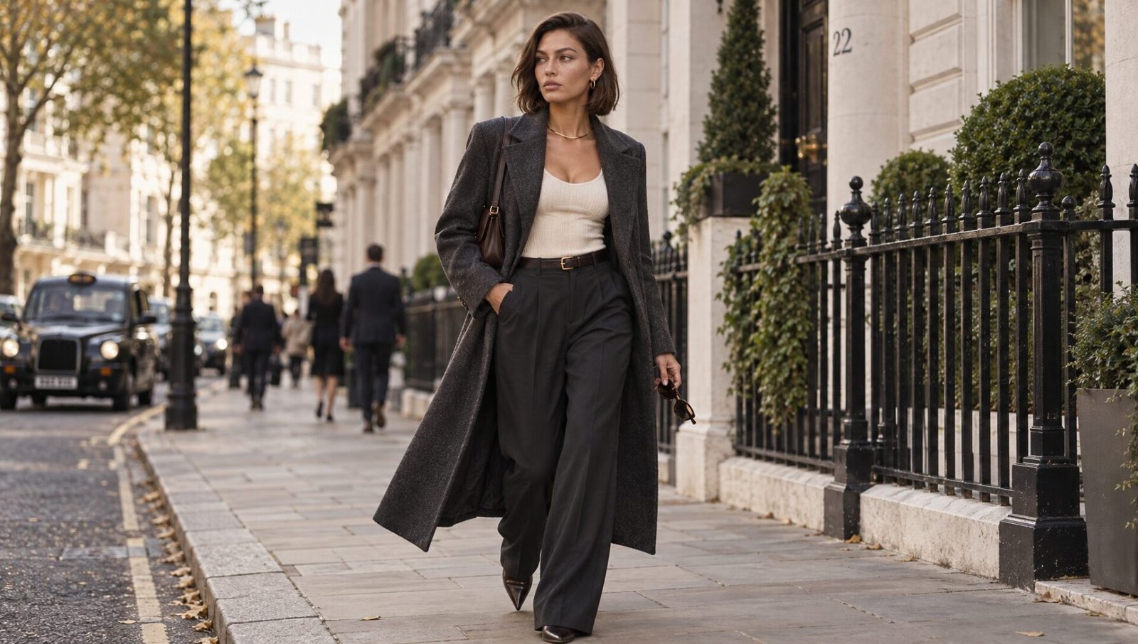 koda walking down a london street, wearing a long grey coat , cream fitted top and grey bottoms. balck shoes