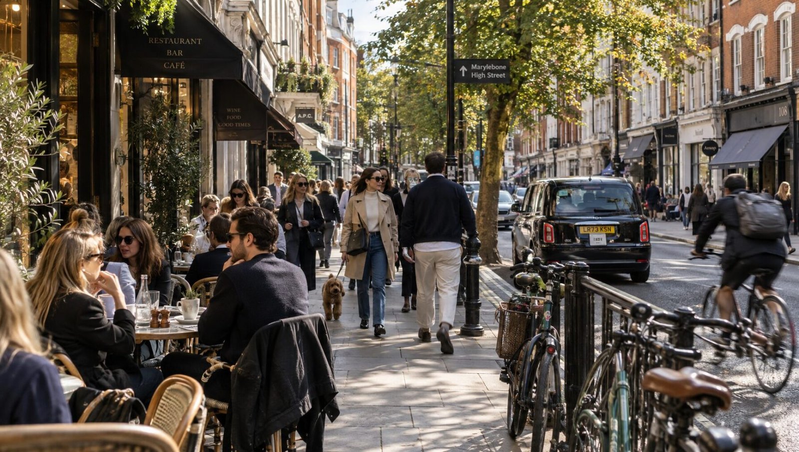 A quiet Marylebone street, cafe tables and warm afternoon light