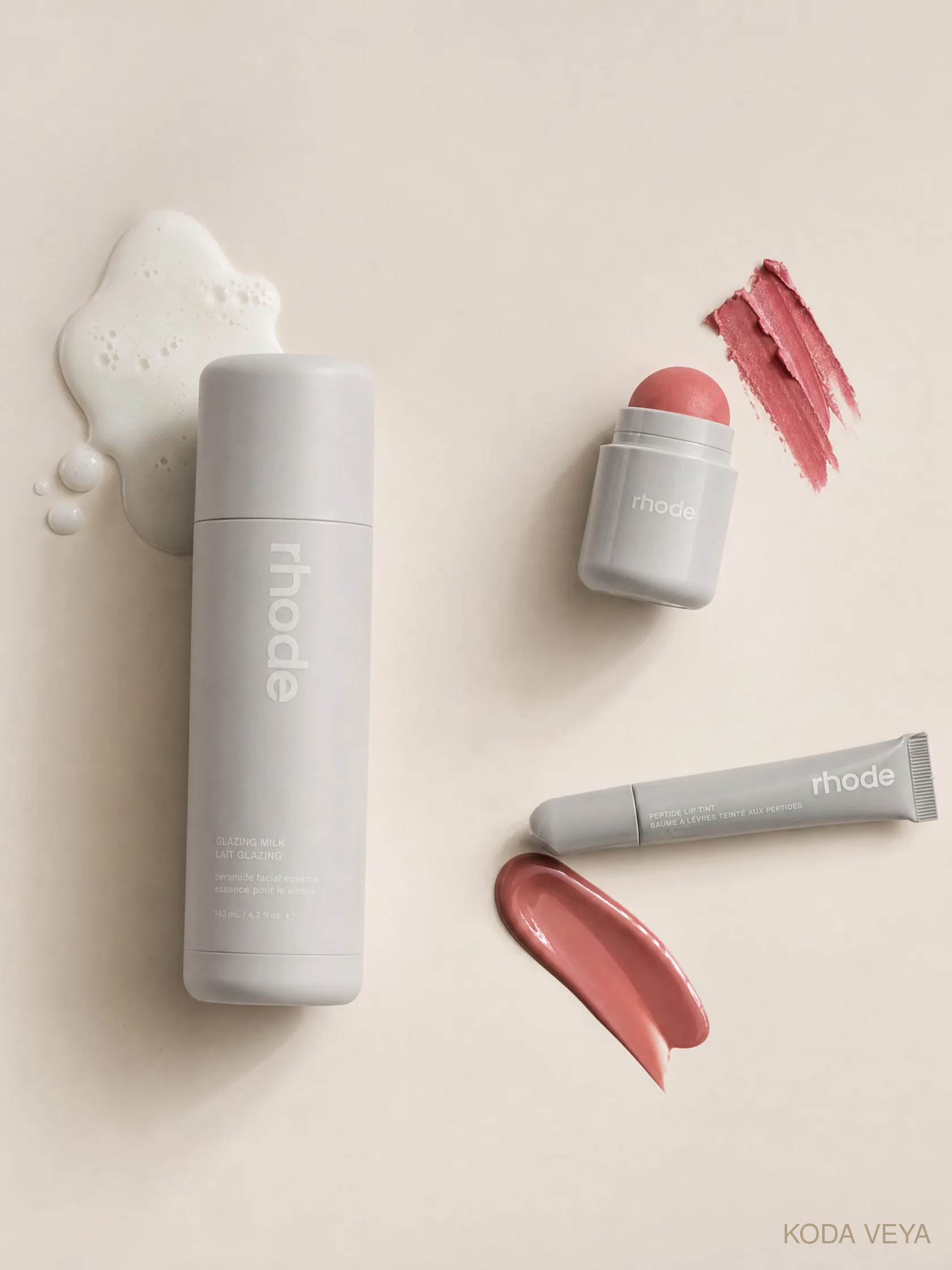 The Rhode routine: Glazing Milk, Pocket Blush and Peptide Lip Tint, from Koda Veya's Rhode edit