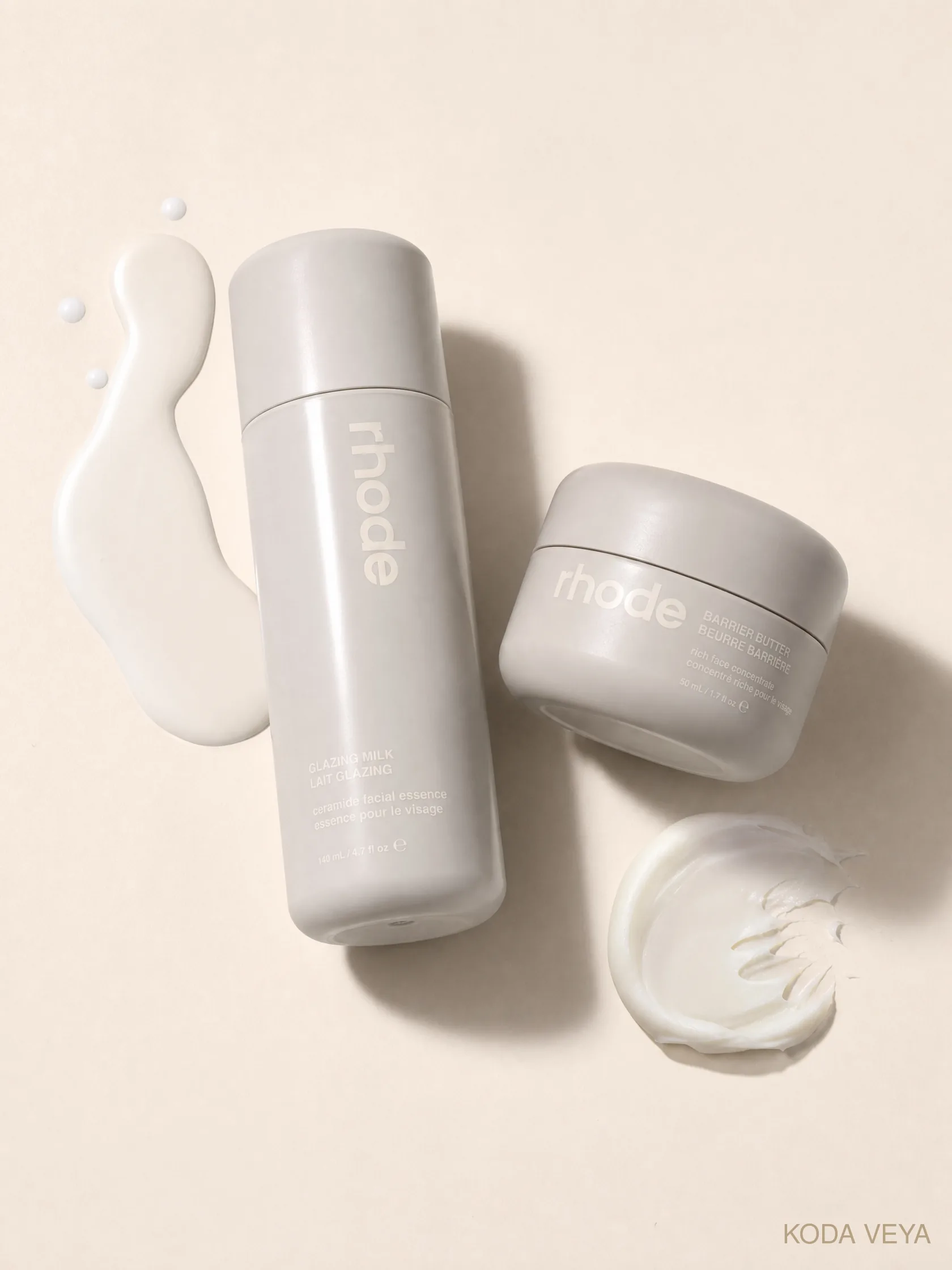 Flat lay of Rhode skincare and makeup from Koda Veya's Rhode edit