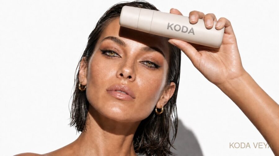 KODA holding a skincare product, studio beauty portrait — Skin First