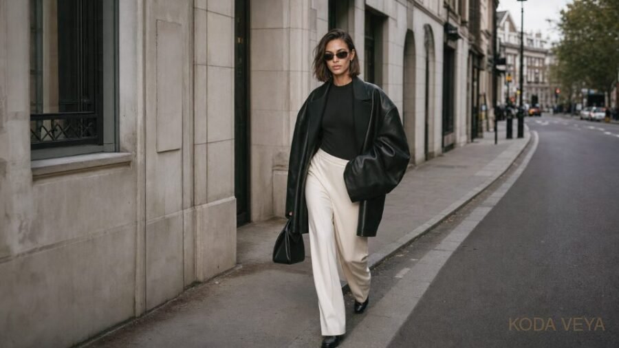 woman walking down s london street in a blsck and white outfiy wearing dark sunglasses