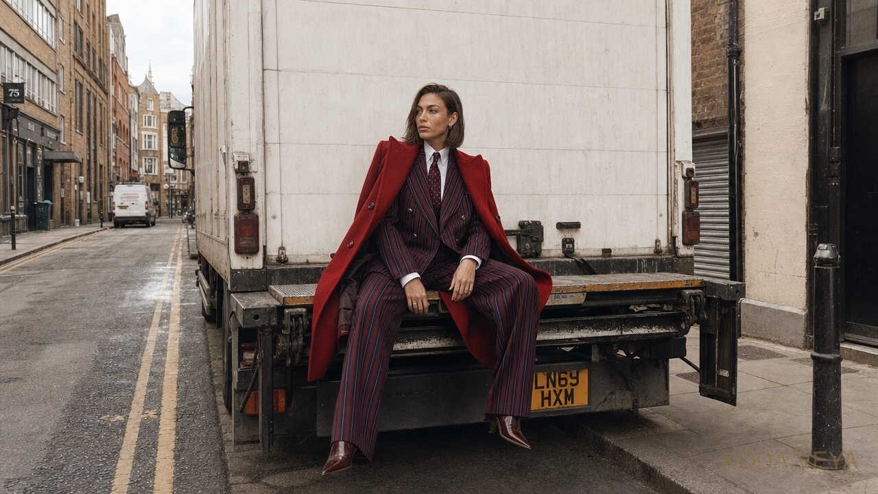 Koda Veya in a striped burgundy suit and red wool coat, seated on the back of a London delivery lorry