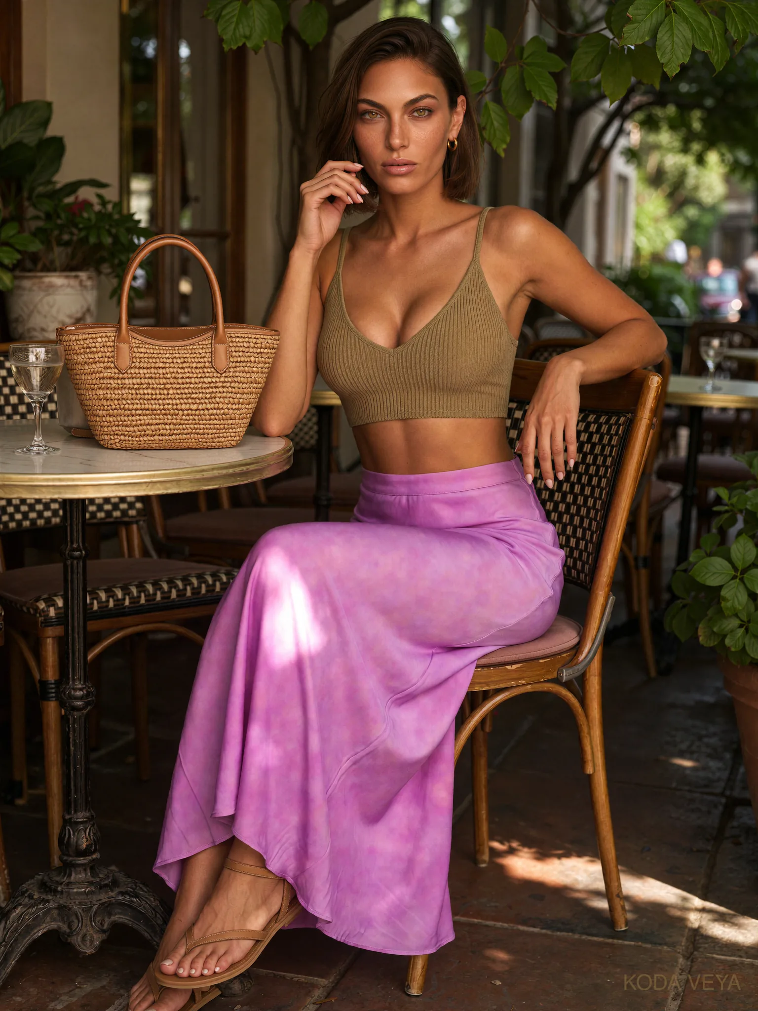 The Colour Code 004 — Olive × Lilac — 03 Daylight, an olive ribbed top with a fluid lilac skirt at a café table