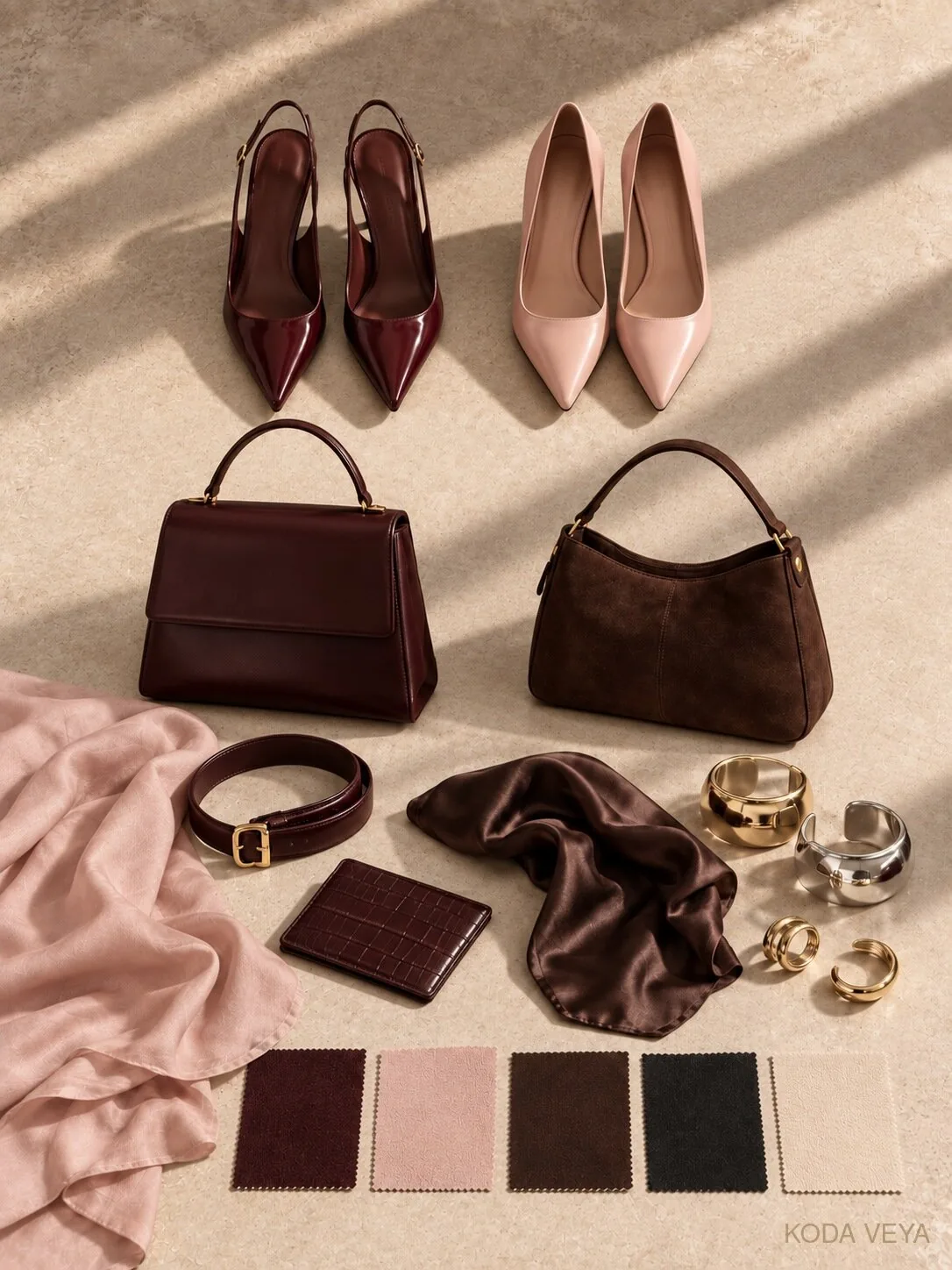Burgundy and blush pink shoes, bags and accessories flat lay