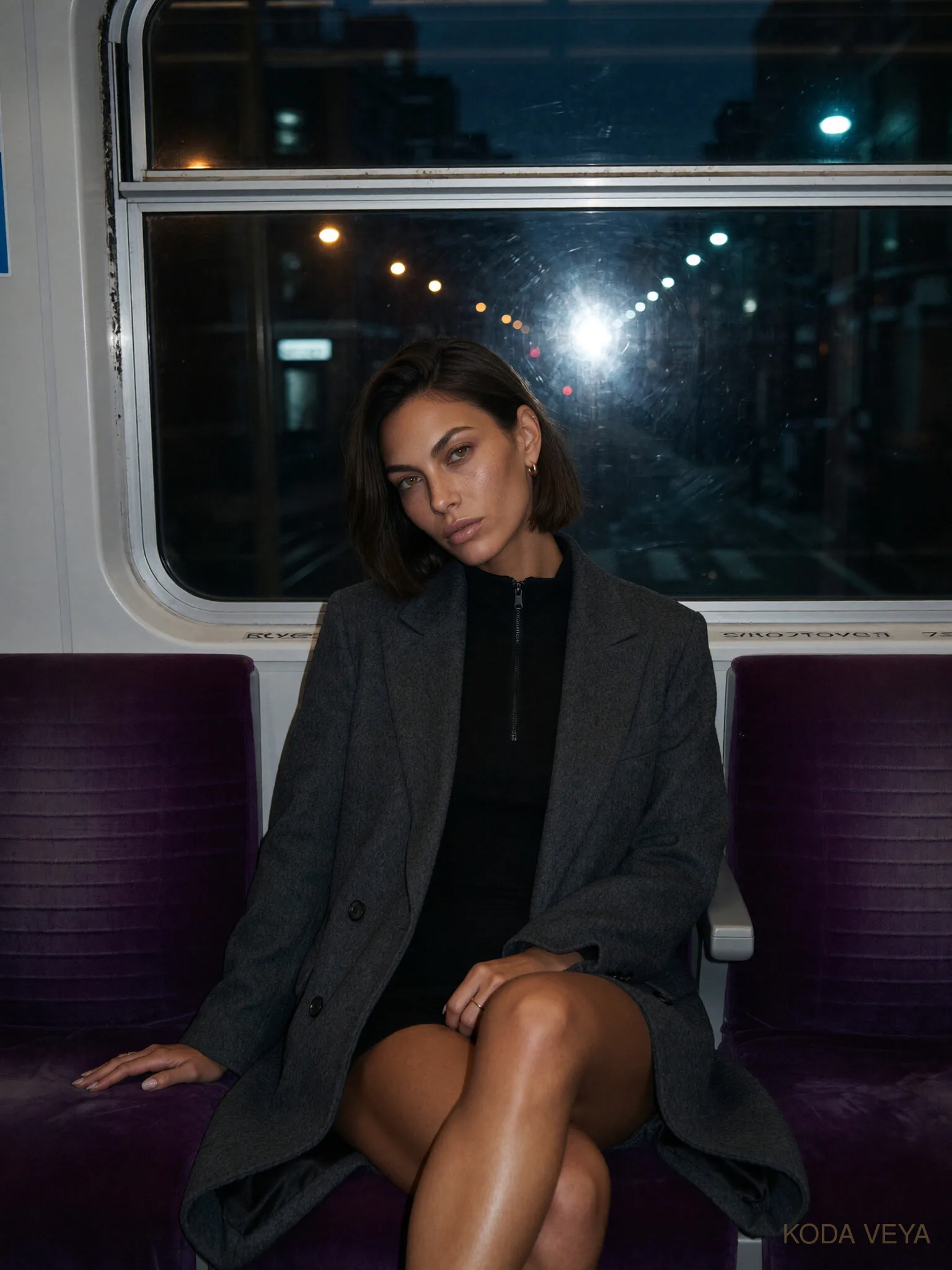 Koda Veya on the last Overground train home at night, London lights passing the window — Sleep Shows