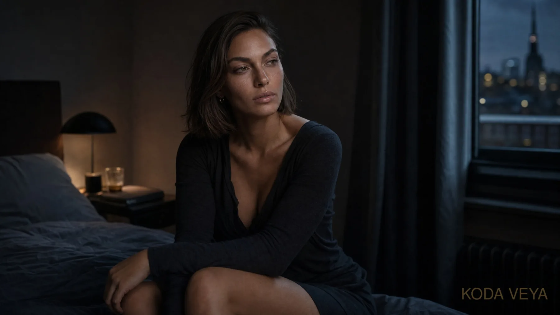 Koda Veya sitting awake on the edge of her bed at night, lamp lit, London skyline beyond the window