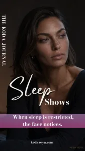 Koda in soft low light, looking tired, with the words Sleep Shows: when sleep is restricted, the face notices