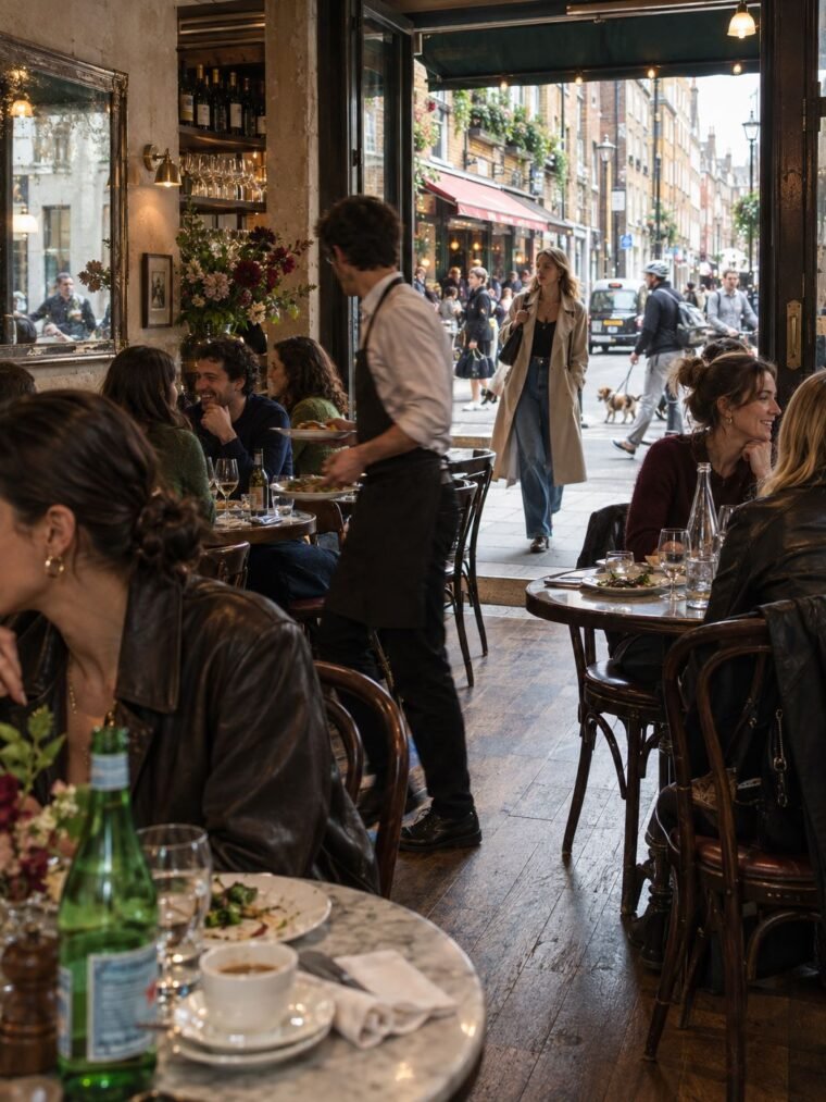 An intimate Soho restaurant interior, warm evening light