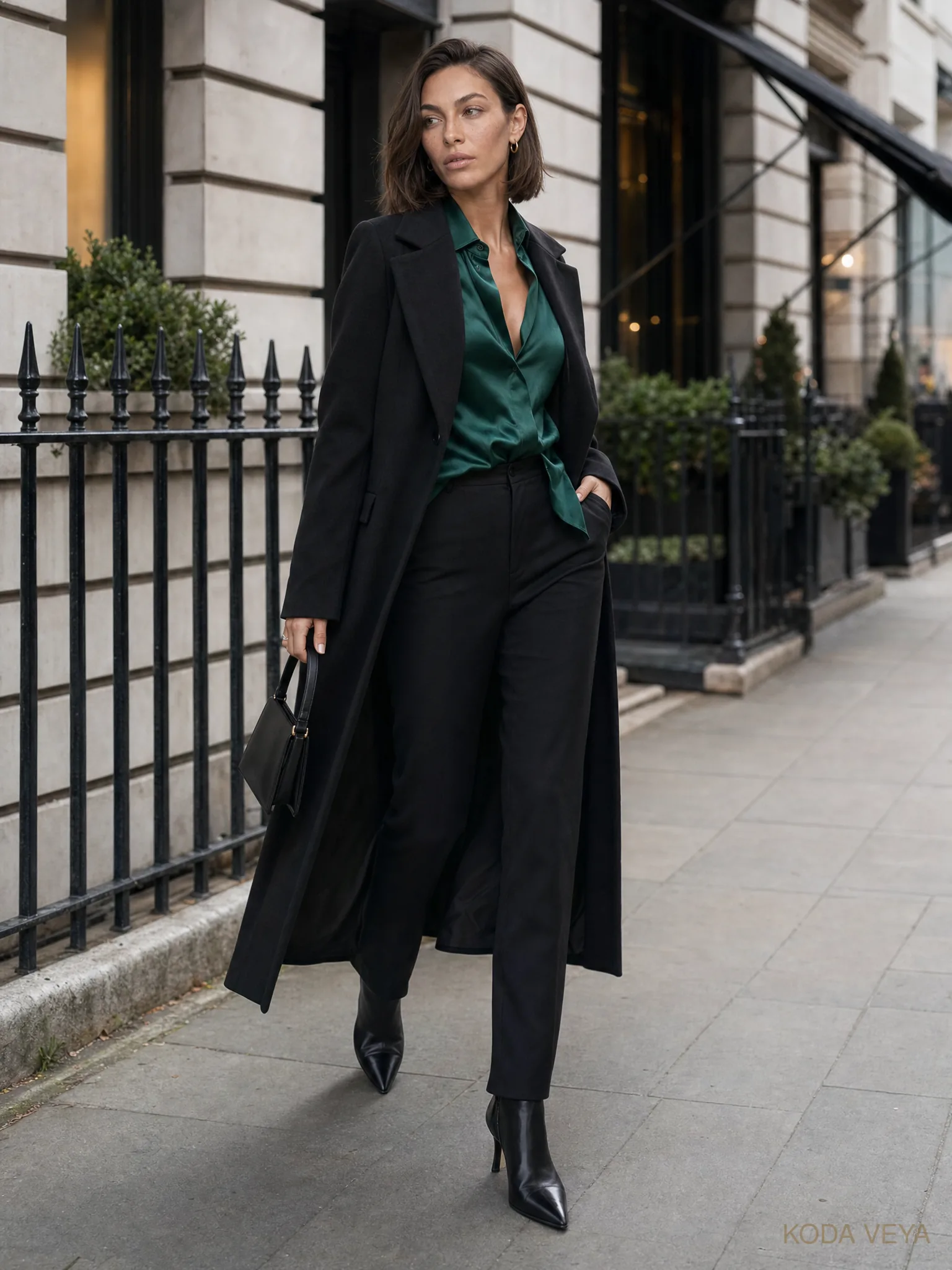 The Colour Code 005 — Emerald × Black — 01 City, black coat with an emerald silk shirt