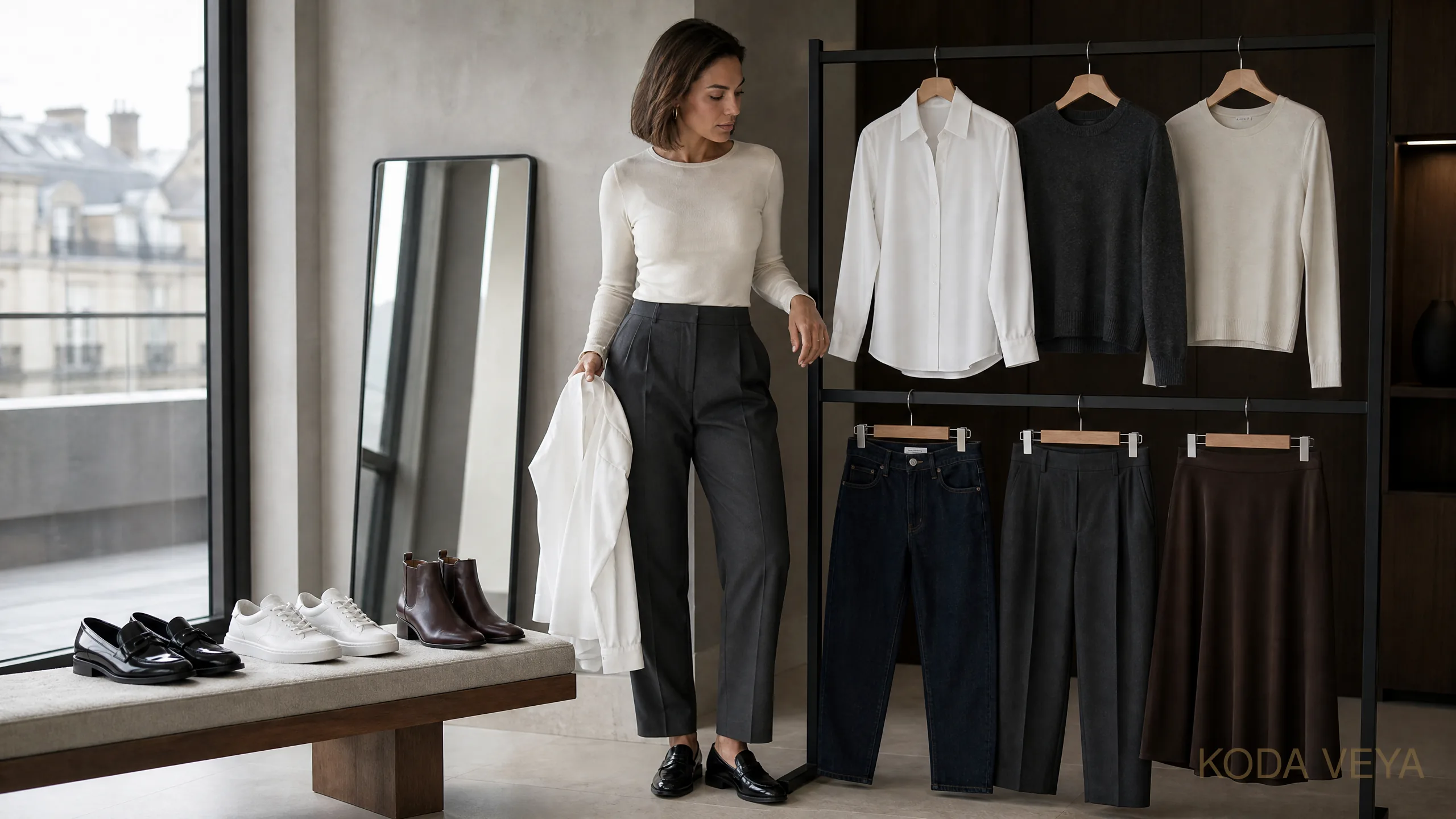 Koda planning a 3-3-3 capsule wardrobe beside a rail of three tops, with three pairs of shoes lined up on a bench