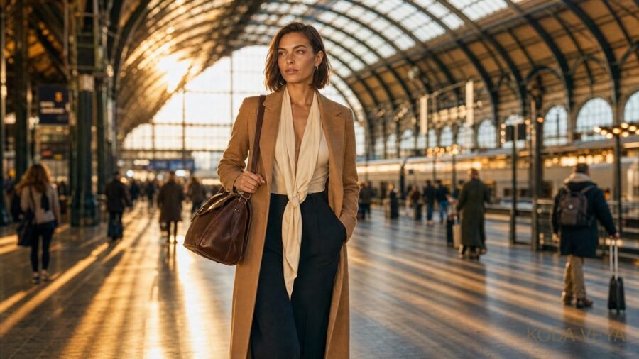 Koda Veya in a camel coat and cream silk scarf walking through a golden-hour train station, weekend bag over her shoulder