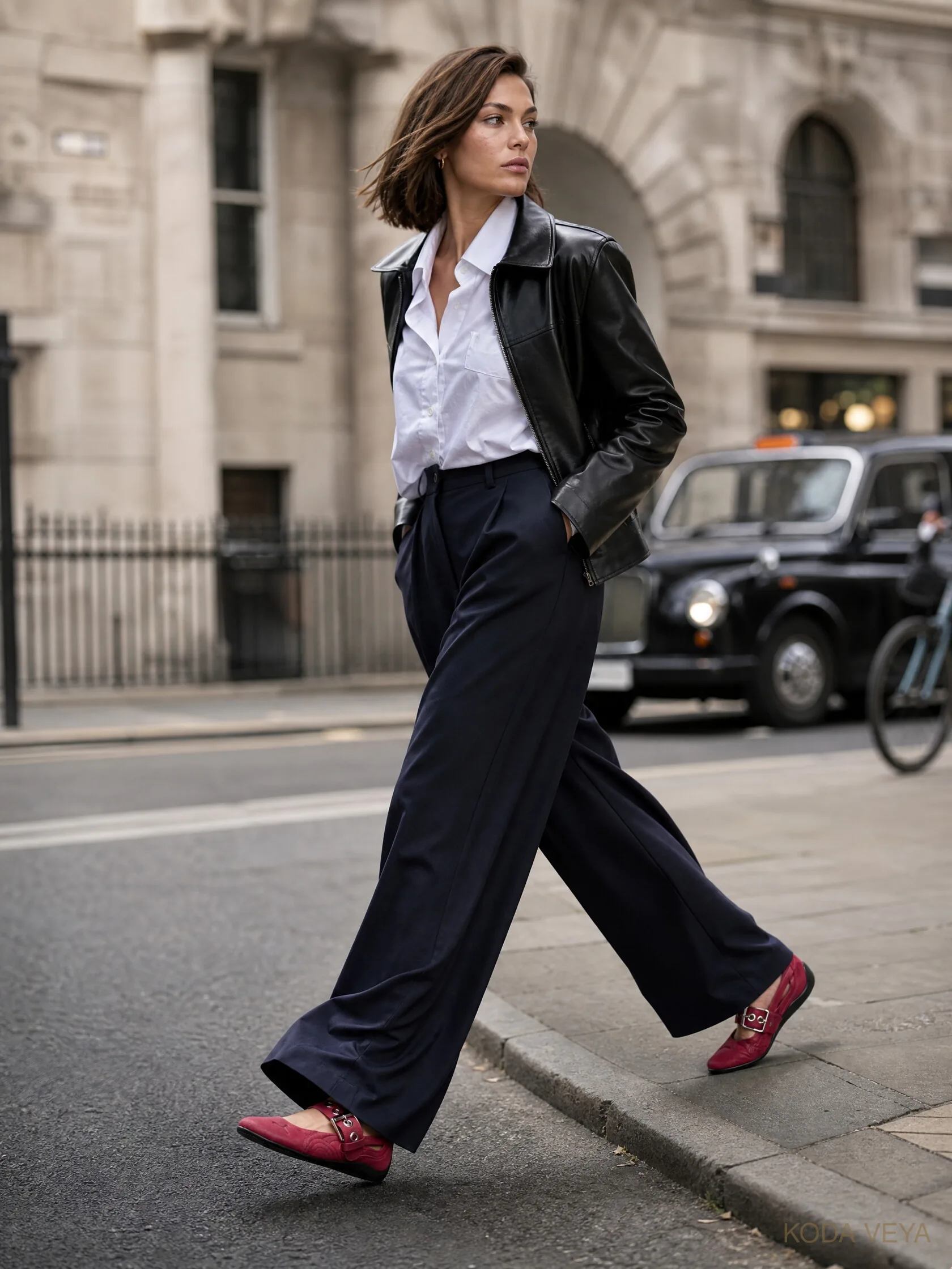 Koda crossing a London street in dark trousers, a white shirt and a dark jacket, with low cherry-red shoes