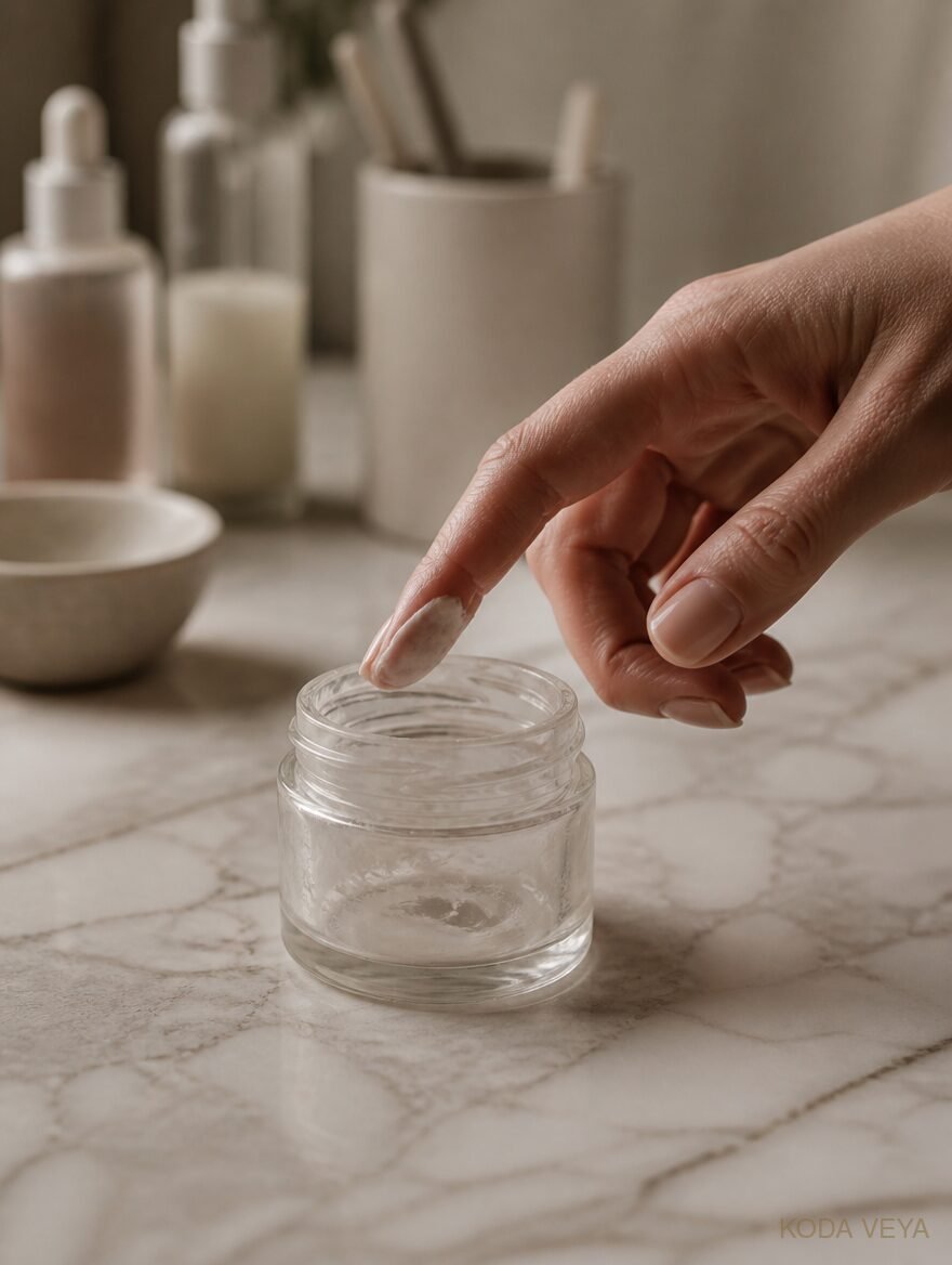 A hand scraping the last of a cream from an almost-empty jar on a marble vanity