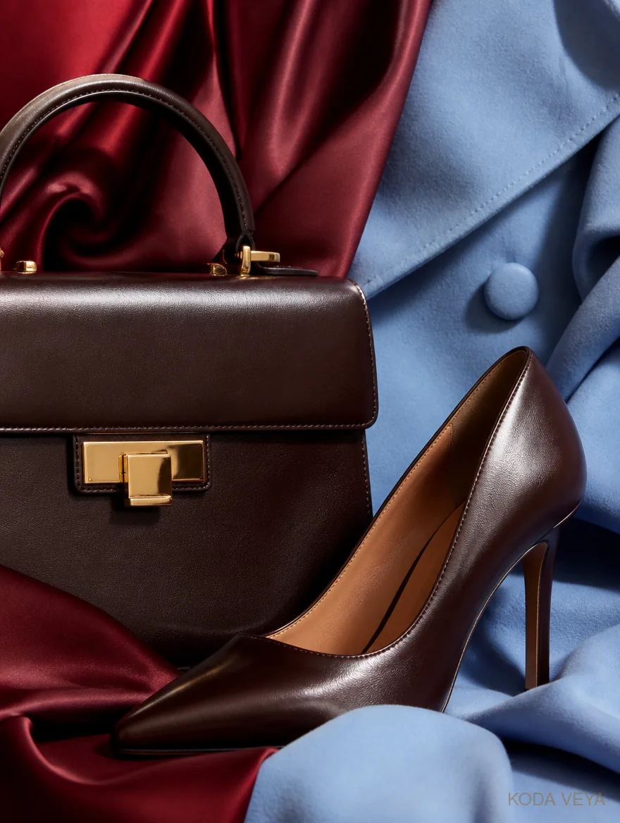 Espresso-leather bag and shoe against burgundy silk and powder-blue wool, the third colour interruption