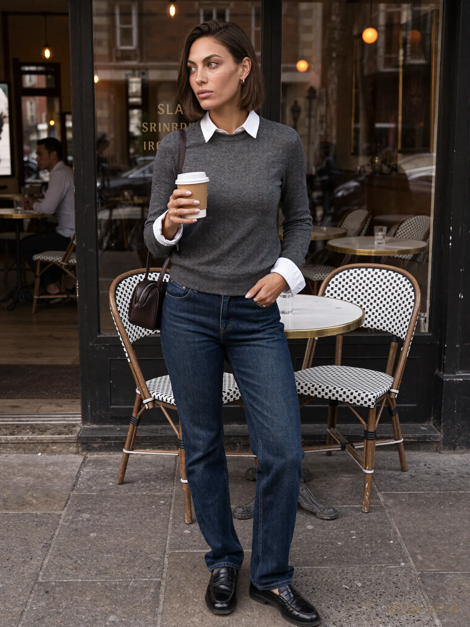 3-3-3 capsule wardrobe look 6: Koda outside a café in a charcoal knit layered over a white shirt, dark denim and black loafers