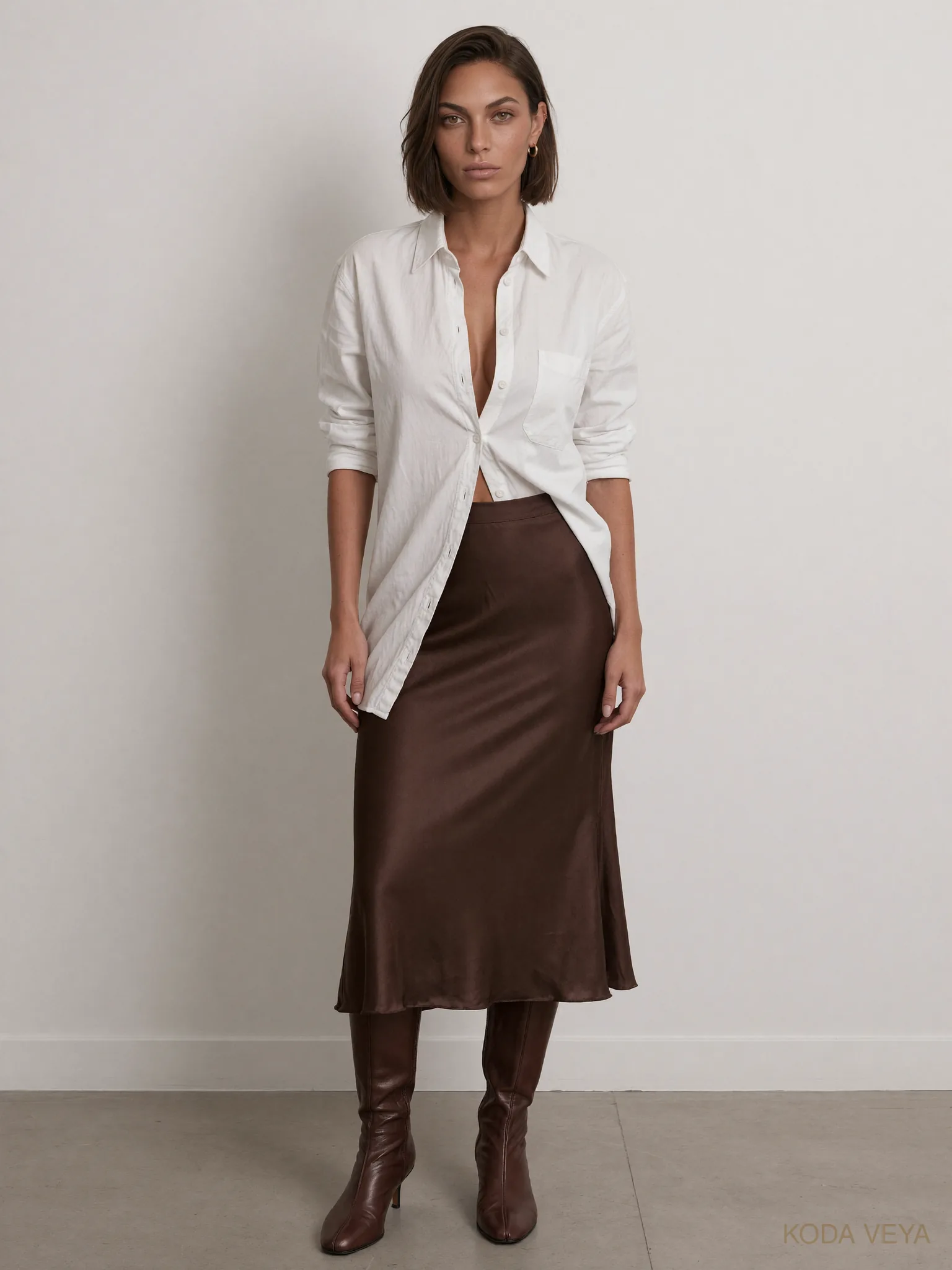 3-3-3 capsule wardrobe look 2: Koda in a gallery wearing a loose white shirt over a chocolate midi skirt with brown ankle boots