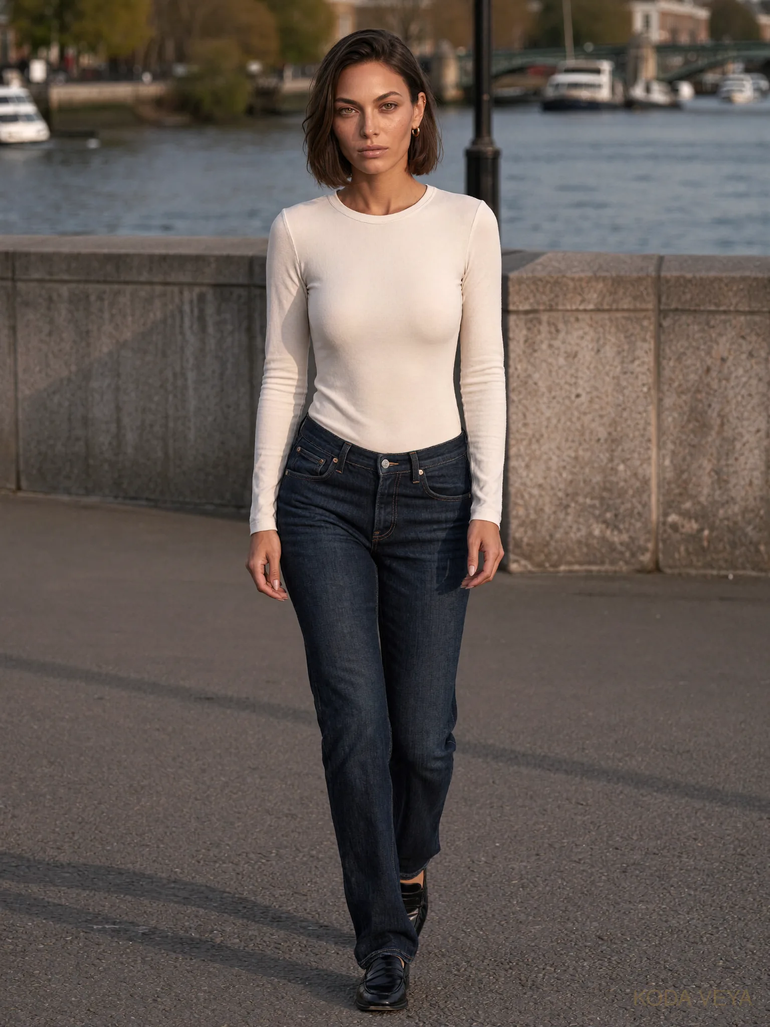 3-3-3 capsule wardrobe look 8: Koda on the South Bank in a cream top tucked into dark denim with black loafers