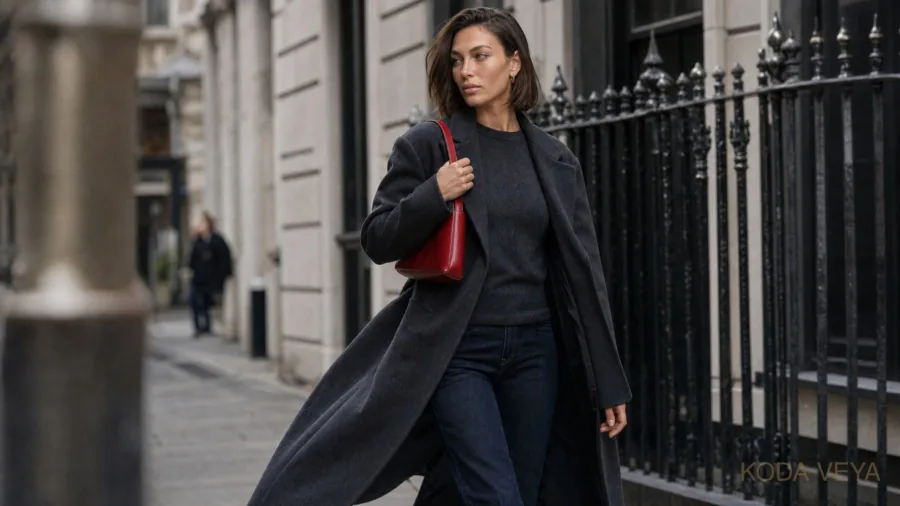 Koda walking down a London street in a long charcoal coat and dark knit, carrying a cherry-red leather shoulder bag
