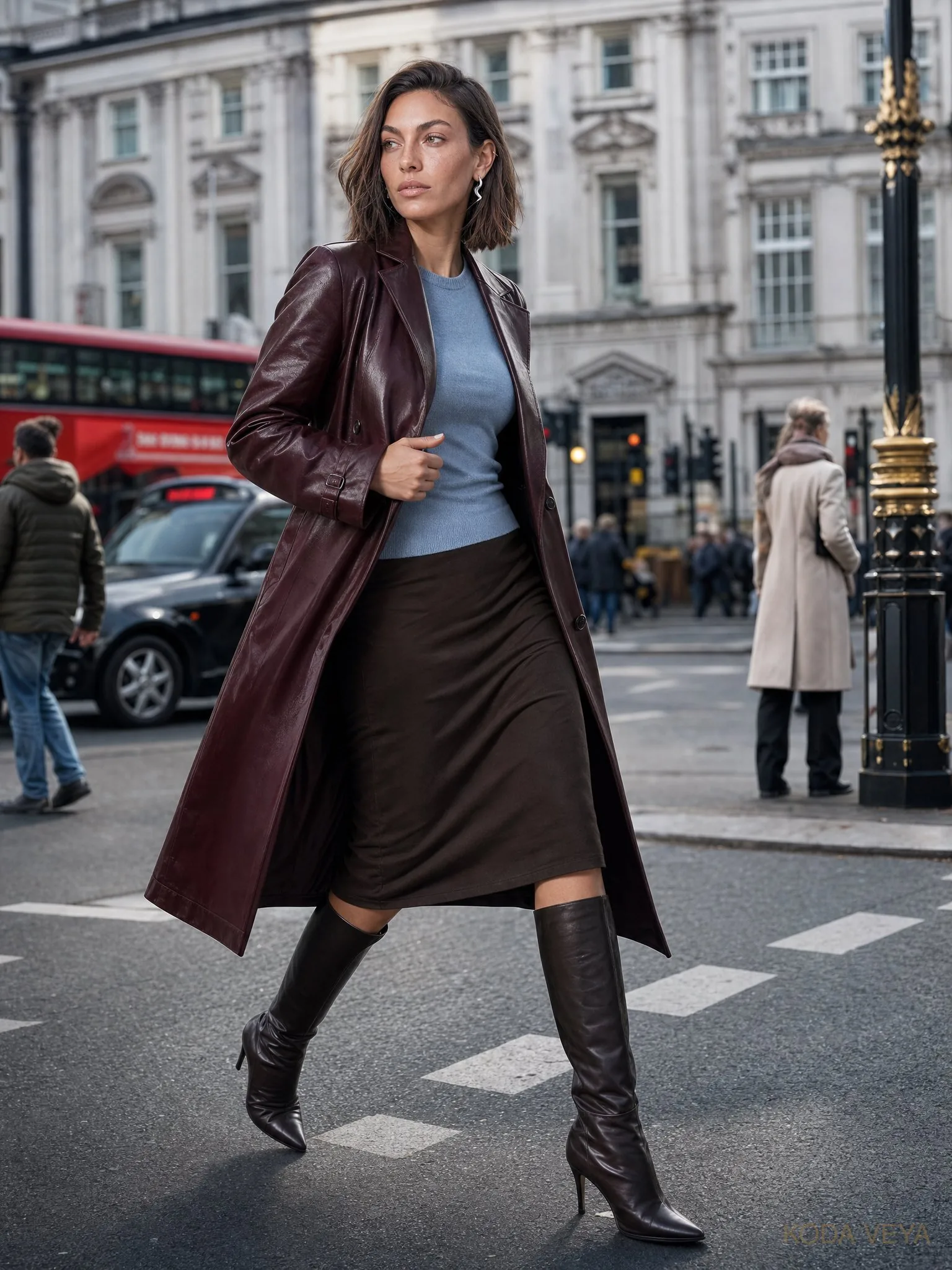 Koda Veya in an oxblood, powder blue and chocolate outfit, personality returning to the silhouette