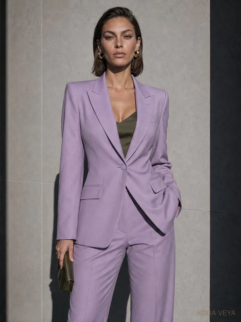 The Colour Code 004 — Olive × Lilac — 02 Tailoring, a strict lilac suit with a dark olive camisole