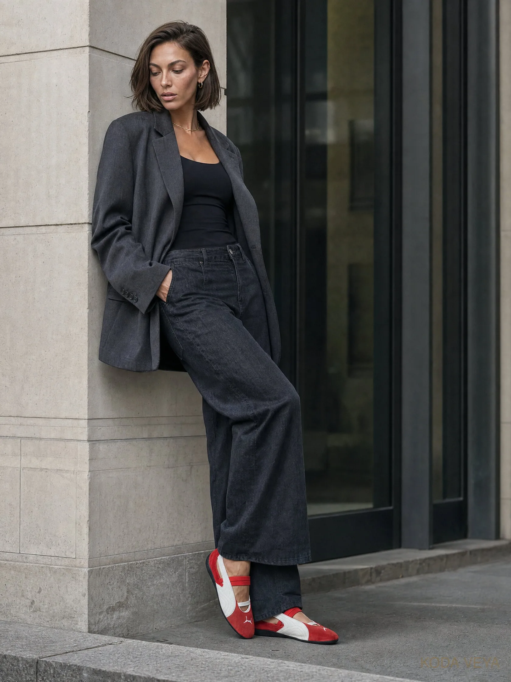 Koda leaning against a stone pillar in black tailoring, wearing red Puma Speedcat Ballet sneakers