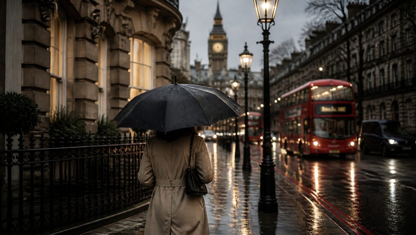 KODA walking down a rainy London street at dusk, red bus and Big Ben