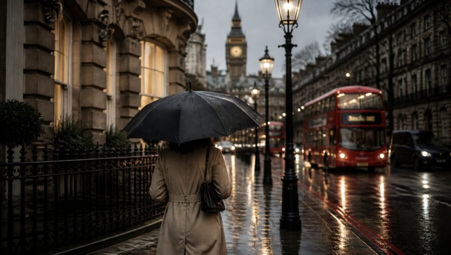 KODA walking down a rainy London street at dusk, red bus and Big Ben