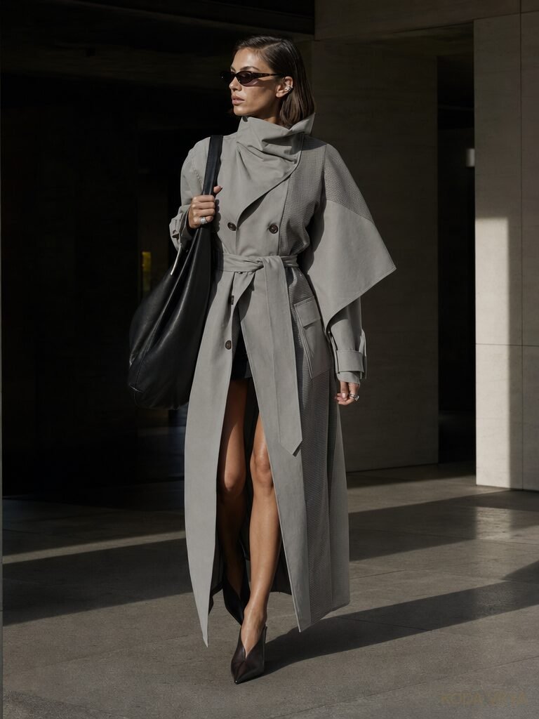 Sculptural grey trench coat with exaggerated collar and cape-like sleeves