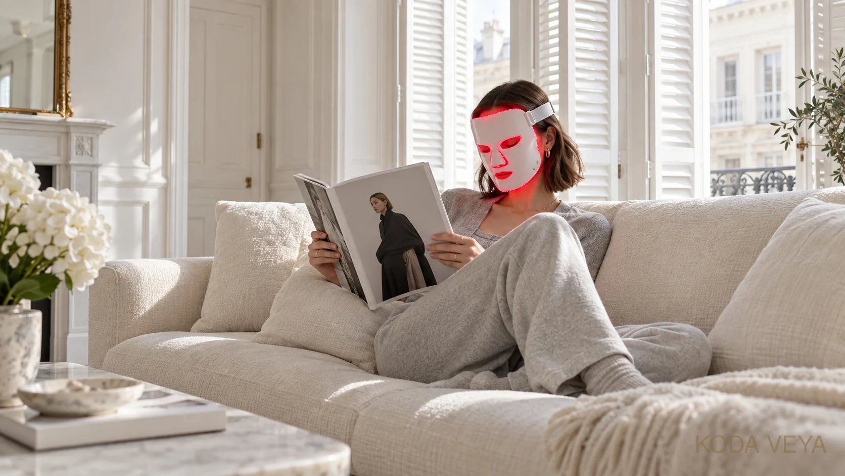 Koda Veya relaxing on a cream sofa in grey loungewear, wearing a glowing red LED face mask while reading a fashion magazine