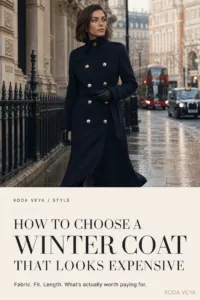 Koda in a navy double-breasted wool coat, with the words How to Choose a Winter Coat That Looks Expensive