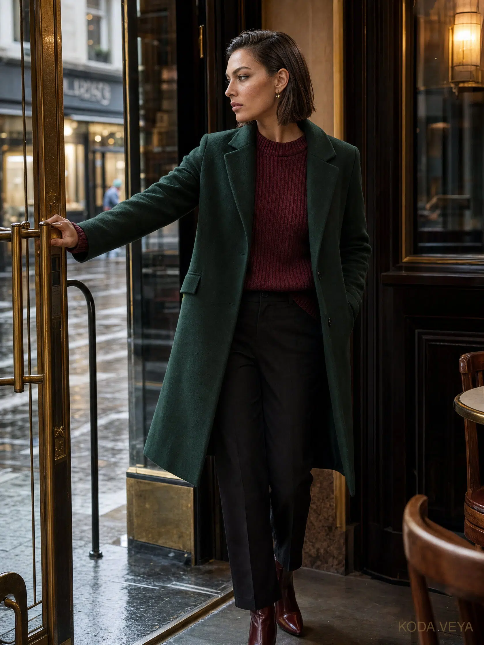Koda stepping through a doorway in a long forest-green wool coat worn open over a burgundy top and dark trousers