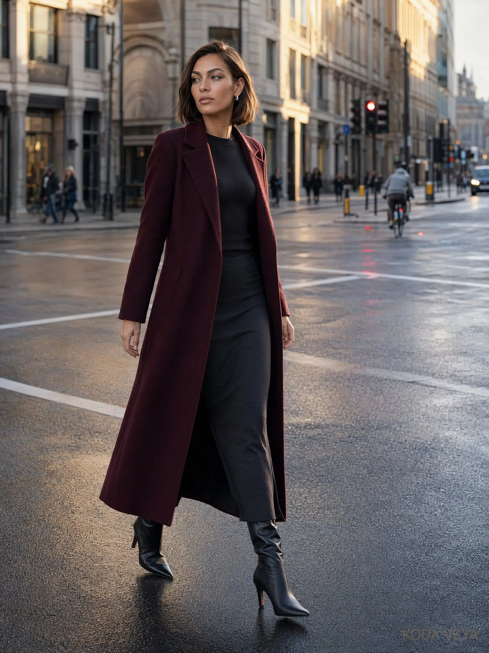 Koda on a London street in a long burgundy wool coat that falls below the knee