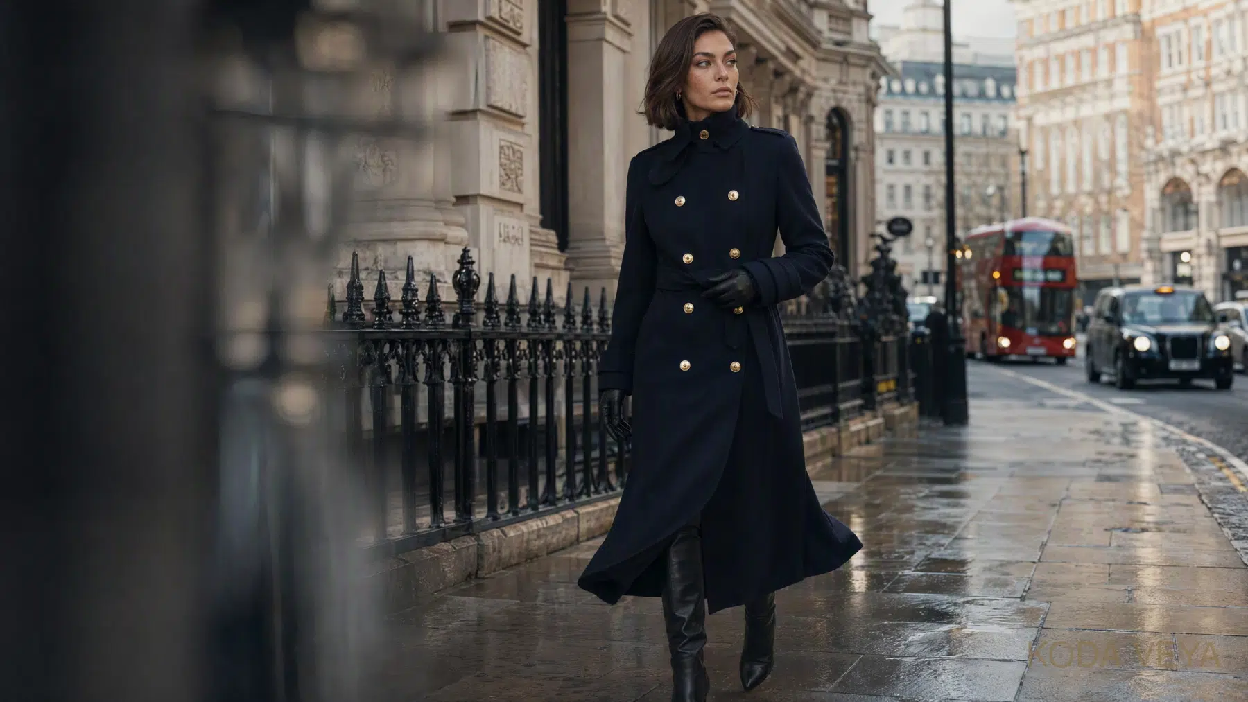 Koda walking down a rain-wet London street in a long, dark double-breasted wool coat