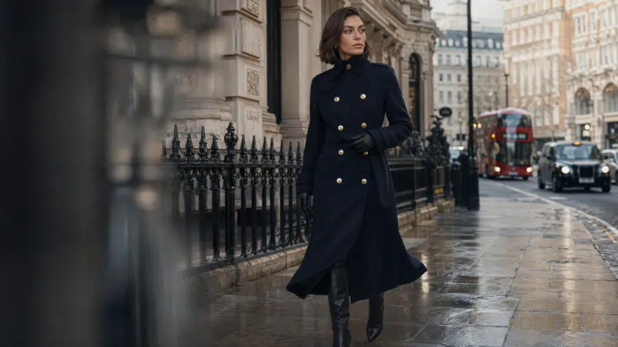 Koda walking down a rain-wet London street in a long, dark double-breasted wool coat