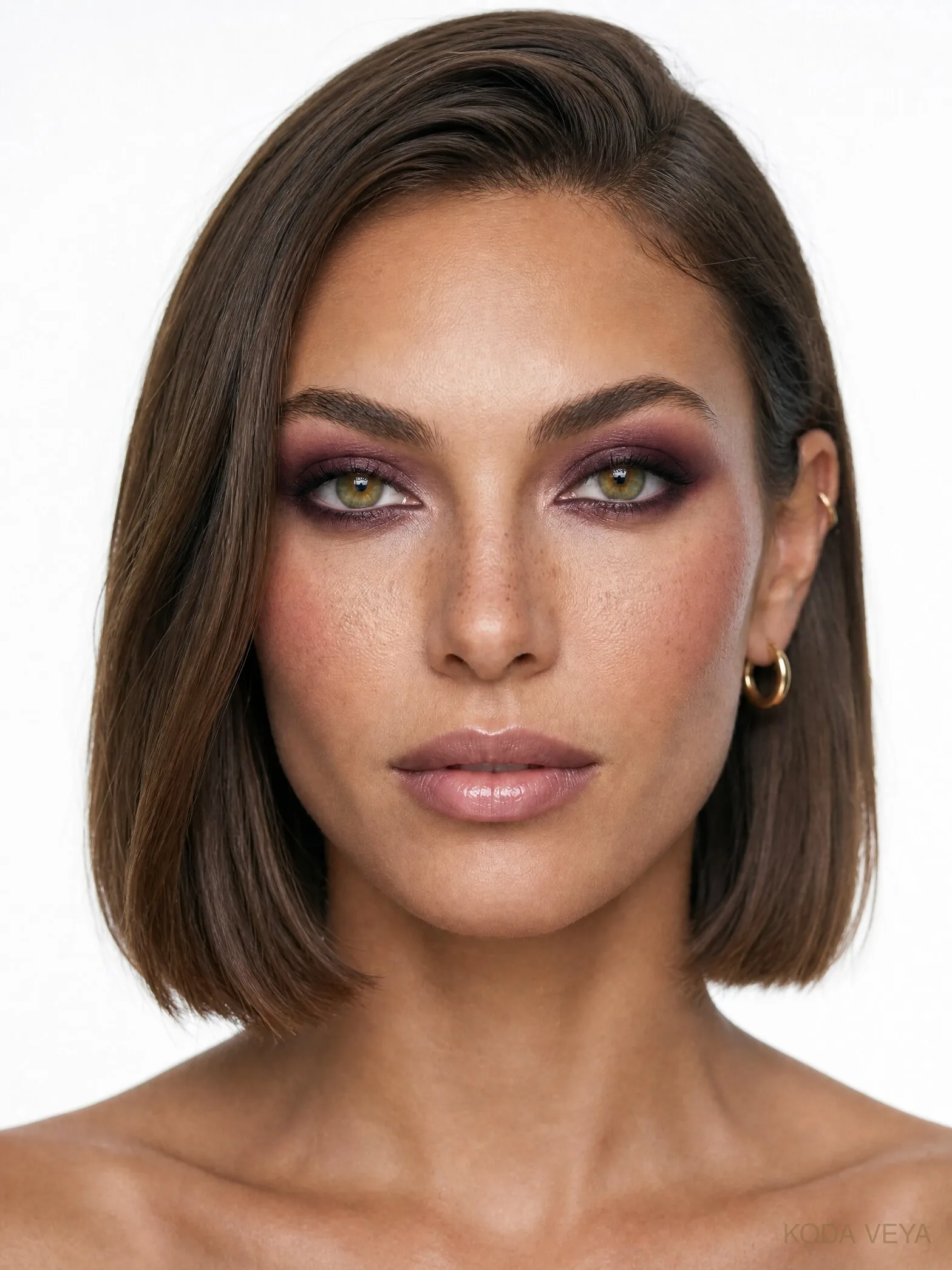 Look 02, Plum × Blackberry: Koda with a plum smoky eye deepened with blackberry at the outer corner and lower lash line