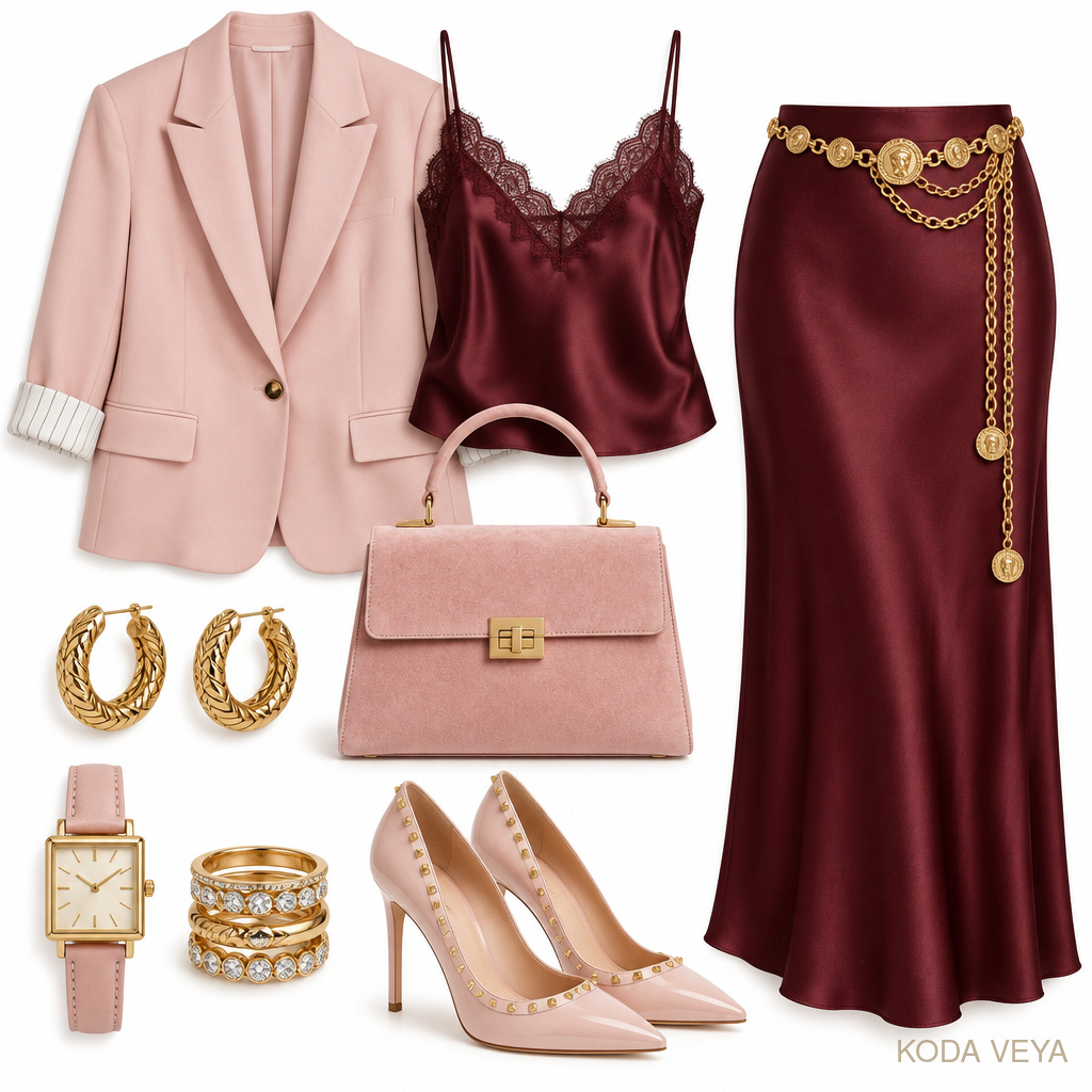 Flat lay of a burgundy and pink evening outfit: pale pink blazer, burgundy lace camisole, burgundy satin slip skirt with gold chain belt, dusty pink suede bag, gold hoops, pink watch, gold rings and studded pink heels